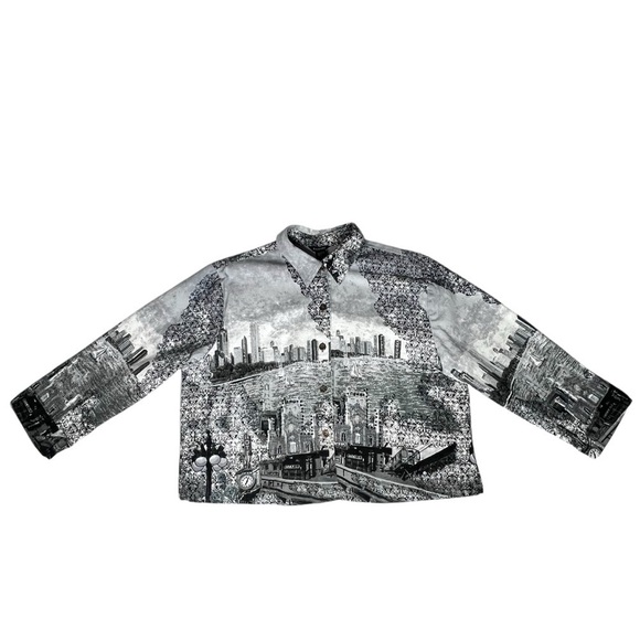 VTG RAAKHEE Sequin Black White City Skyline Button Up Top Women's Size 1X - Picture 7 of 16